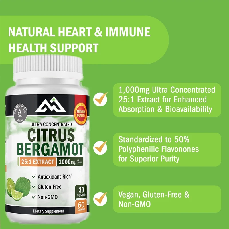 

Citrus bergamot extract 1000mg, high absorption and bioavailability - gluten free, non GMO 60 capsules vegetarian capsules