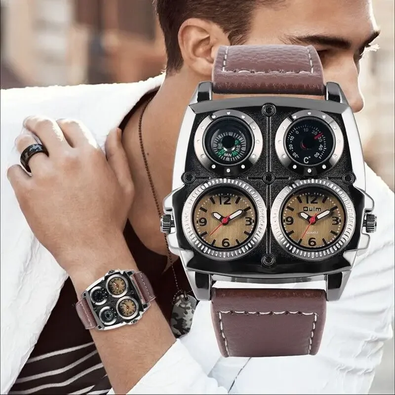 Cool OULM Watch Men Military Sport Quartz Watches Dual Time Zone Brown Leather Strap