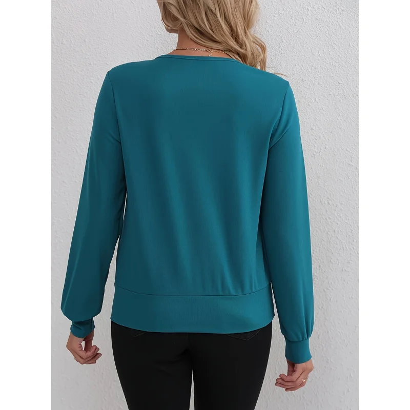 Felpa pullover tinta unita 2 in 1, felpa casual girocollo a maniche lunghe per l'autunno e l'inverno, abbigliamento da donna