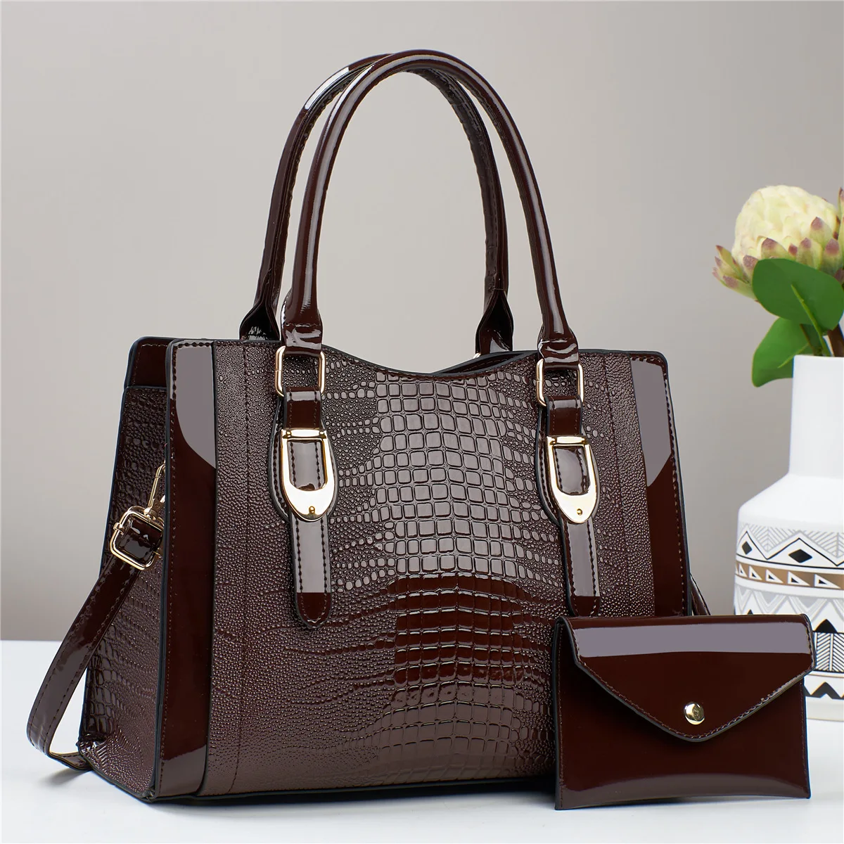 

Luxury Leather Handbag Retro Versatile Crocodile Women's Shoulder Bag Large Capacity Mini Card Coin Purse Tote Composite Bag Set