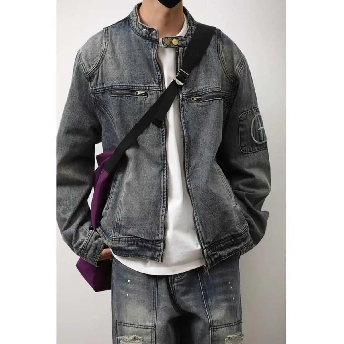 

Retro Waed American Motorcycle Casual Jaet Men's Couple High-End Feeling Hip Hop Trendy Denim Coat Top