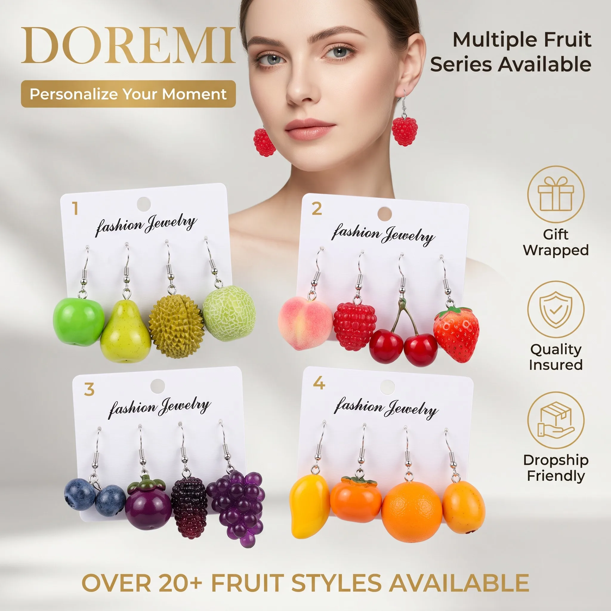 DOREMI Fruitcore Realistic Fruit Earring Set 5 Pairs Waterproof Stainless Steel Strawberry Peach Ins Style Jewelry Gift earrings