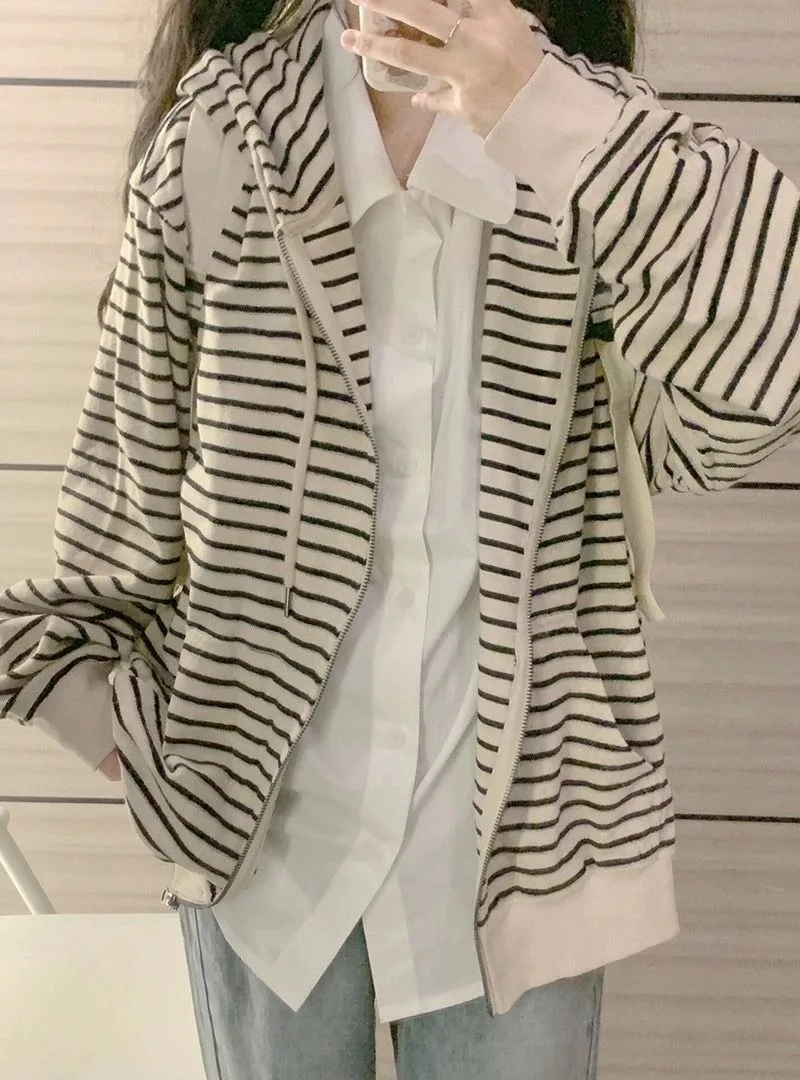 Koreanischer Vintage-Streifenpullover für Damen, Frühling/Herbst, Neuer Lässiger Kapuzen-Cardigan mit Reißverschluss, Dünner Freizeit-Oberteil für Damen – Detail 5