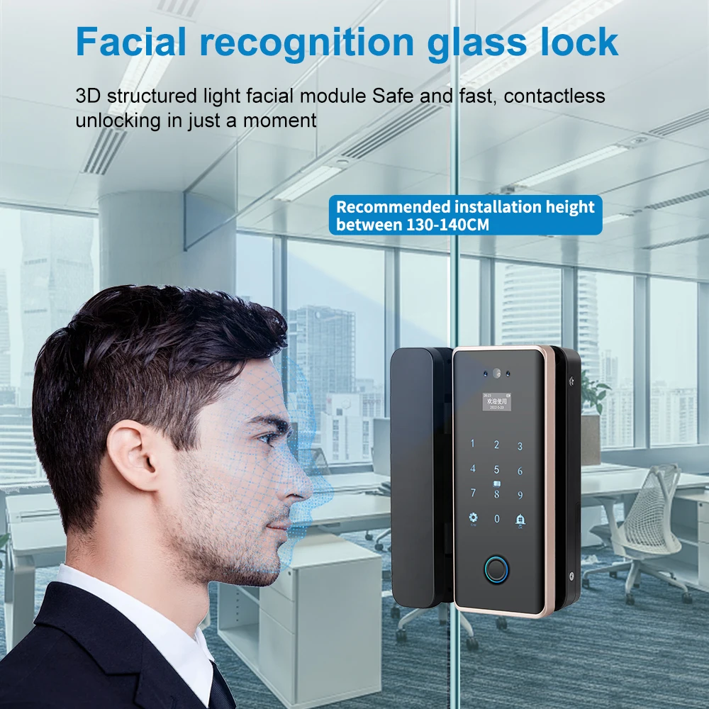 WIFI Tuya 3D Face Smart Lock for Glass Door with Camera Fingerprint Face Recognize Card Password Biometric Key App Unlock