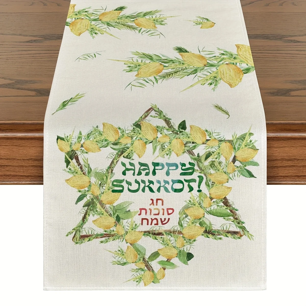 Happy Sukkot Linen Table Runner Home Decor Washable Jewish Festival Lemon Hexagram Kitchen Dining Table Runners Sukkot Decor