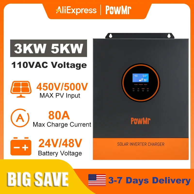 Inversor Solar híbrido PowMr 3000W 5000W 24V 48V 110V inversor de onda sinusoidal pura monofásico con controlador de carga Solar MPPT 80A