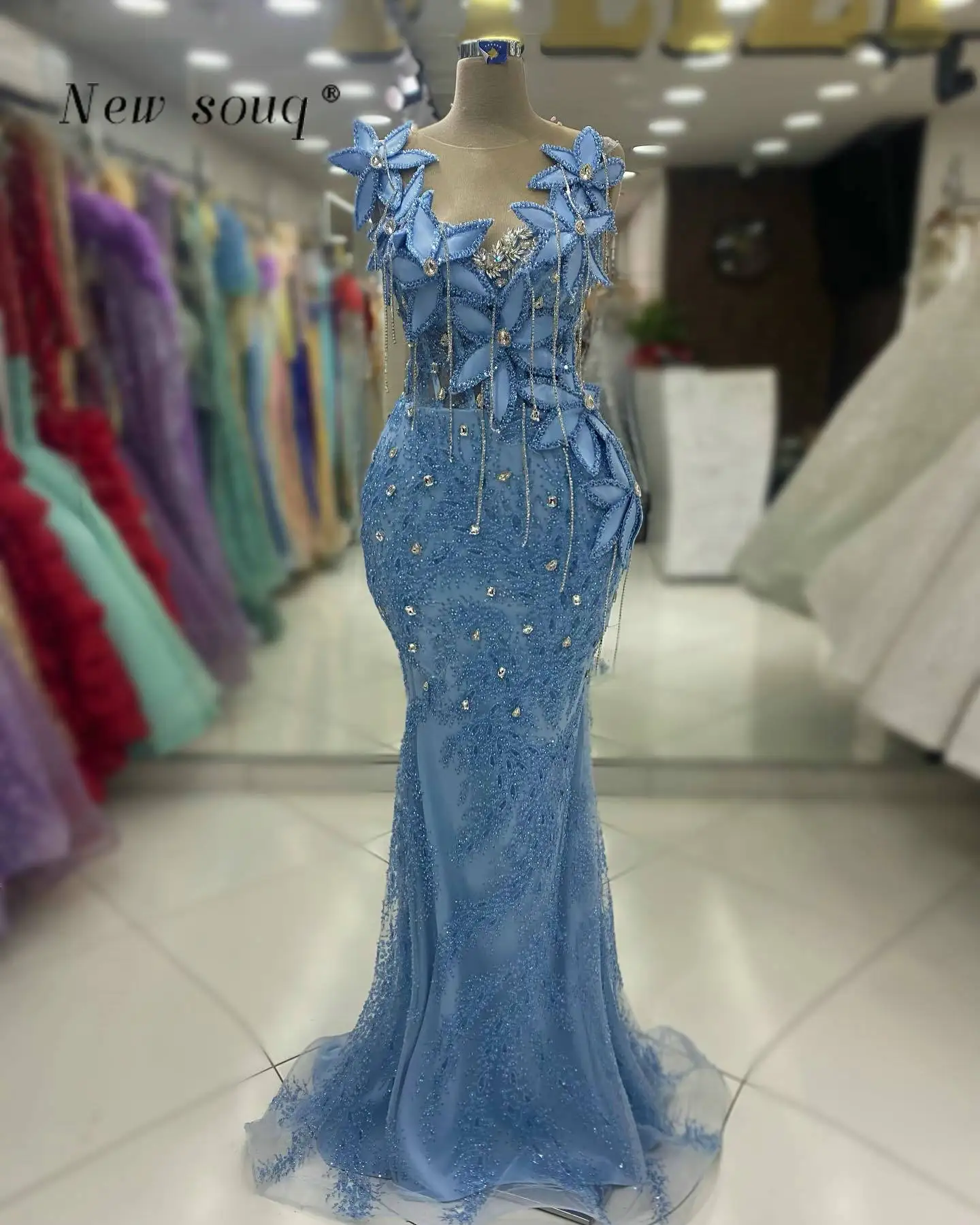 2024 New In Fashion Blue Long Mermaid Evening Dresses Features 3D Leaf-shaped Flowers Crystals Chains Sparkle Sequins Party Gown