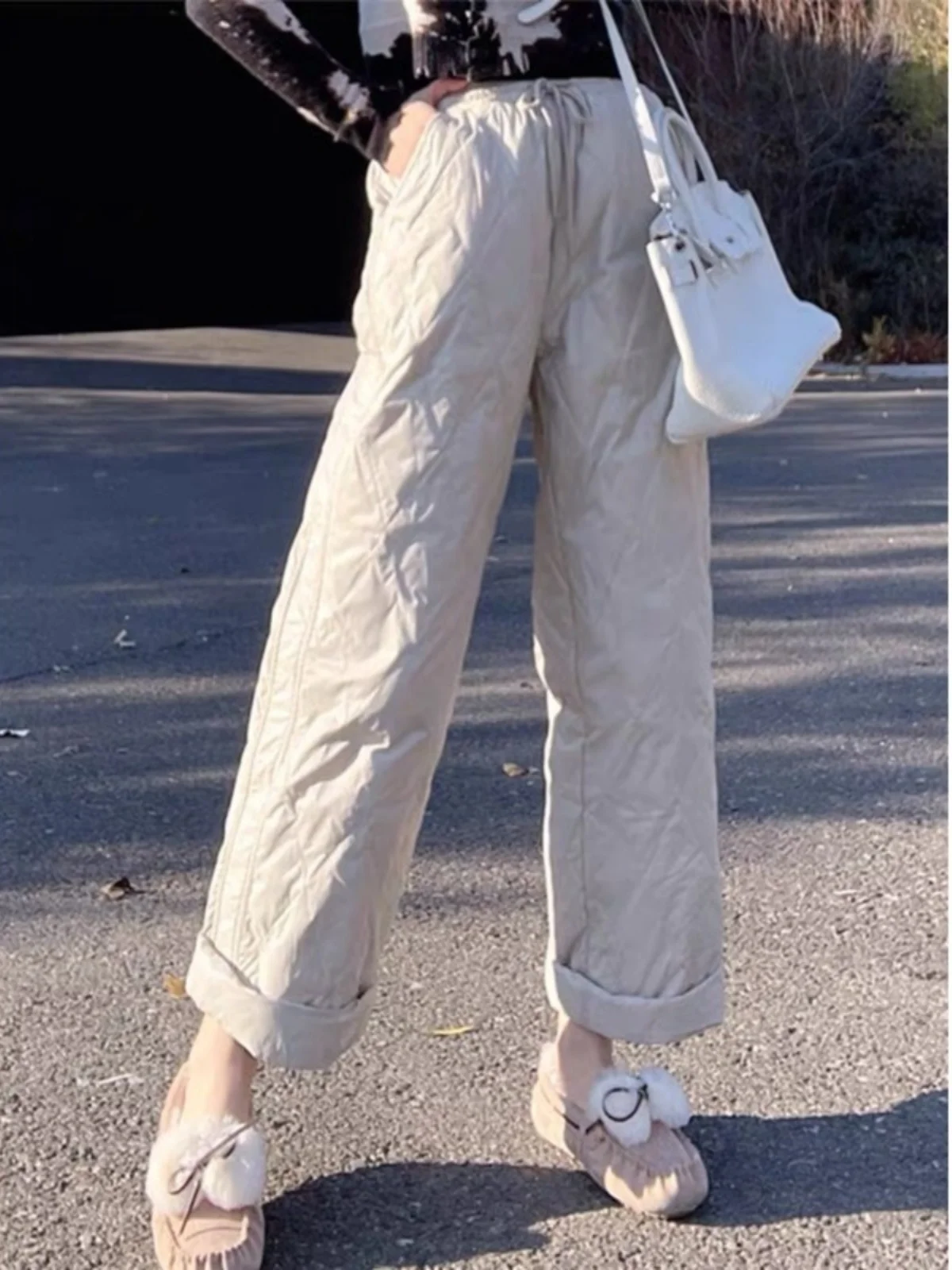 

Легкие пуховые хлопковые брюки. Женские зимние повседневные широкие брюки с эластичной резинкой на талии и поясом. Тонкие прямые брюки-трубы с высокой талией.