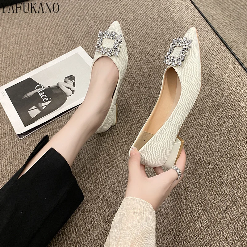 Luxurious Rhinestone Buckle Decor Point Toe Chunky Heeled Pumps Elegant Party Wedding Shoes Low Heel Comfort Office Work Shoes