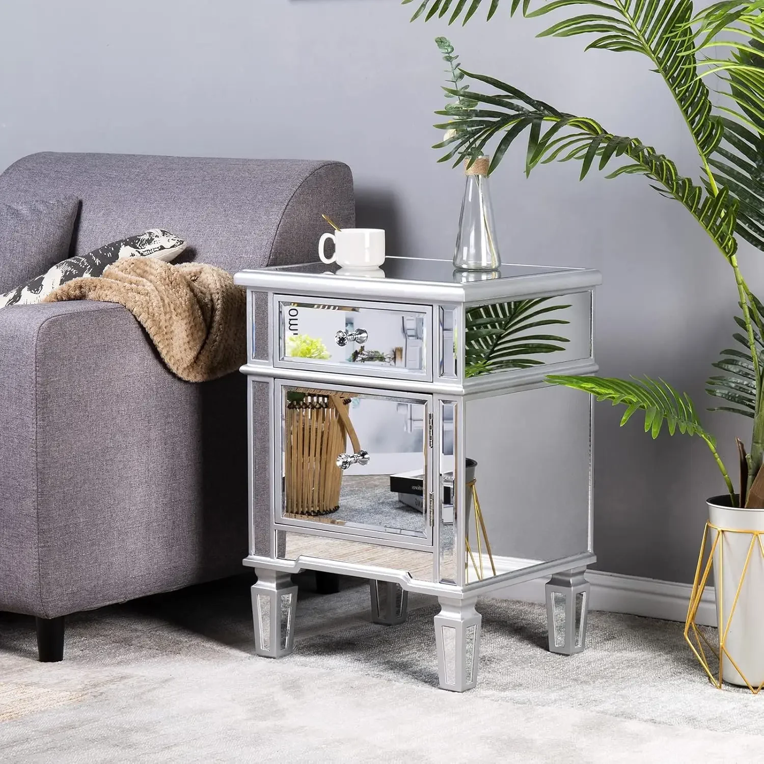 Mirrored Nightstands Set of 2 Glass Side Tables with Drawer for Bedroom Silver Finish Wipe with Dry Damp Cloth