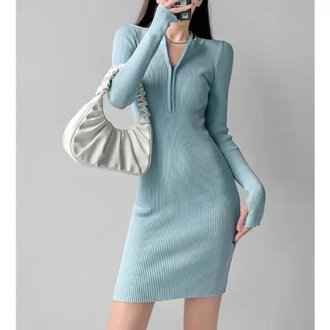 ITOOLIN Women Mock Neck A-line Pullover Dress Kit Long Sleeve Streetwear Dress Zippers Slim Sexy Bodycon Vestido Fall Winter