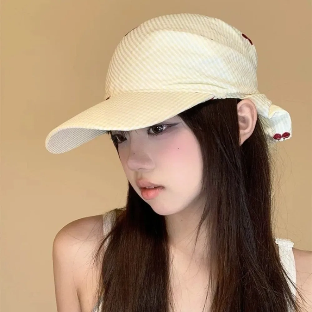 

Cute Plaid Headscarf Baseball Cap Korean Style Sweet Sunscreen Beach Hats Cherry Embroidered Sunscreen Peaked Cap Outdoor