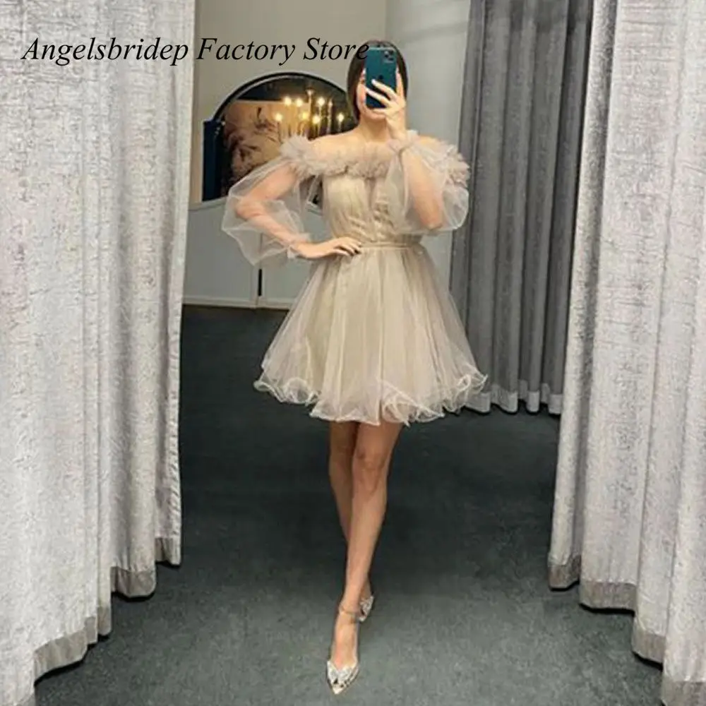 

Angelsbridep Strapless Short Homecoming Dress Vestidos De Festa Saudi Arabia Puff Sleeves Ruffles Graduation Formal Party Gowns