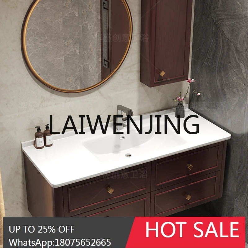 

RWJ Oak New Chinese Style Washstand Stone Plate Seamless Basin Bathroom Cabinet Combination