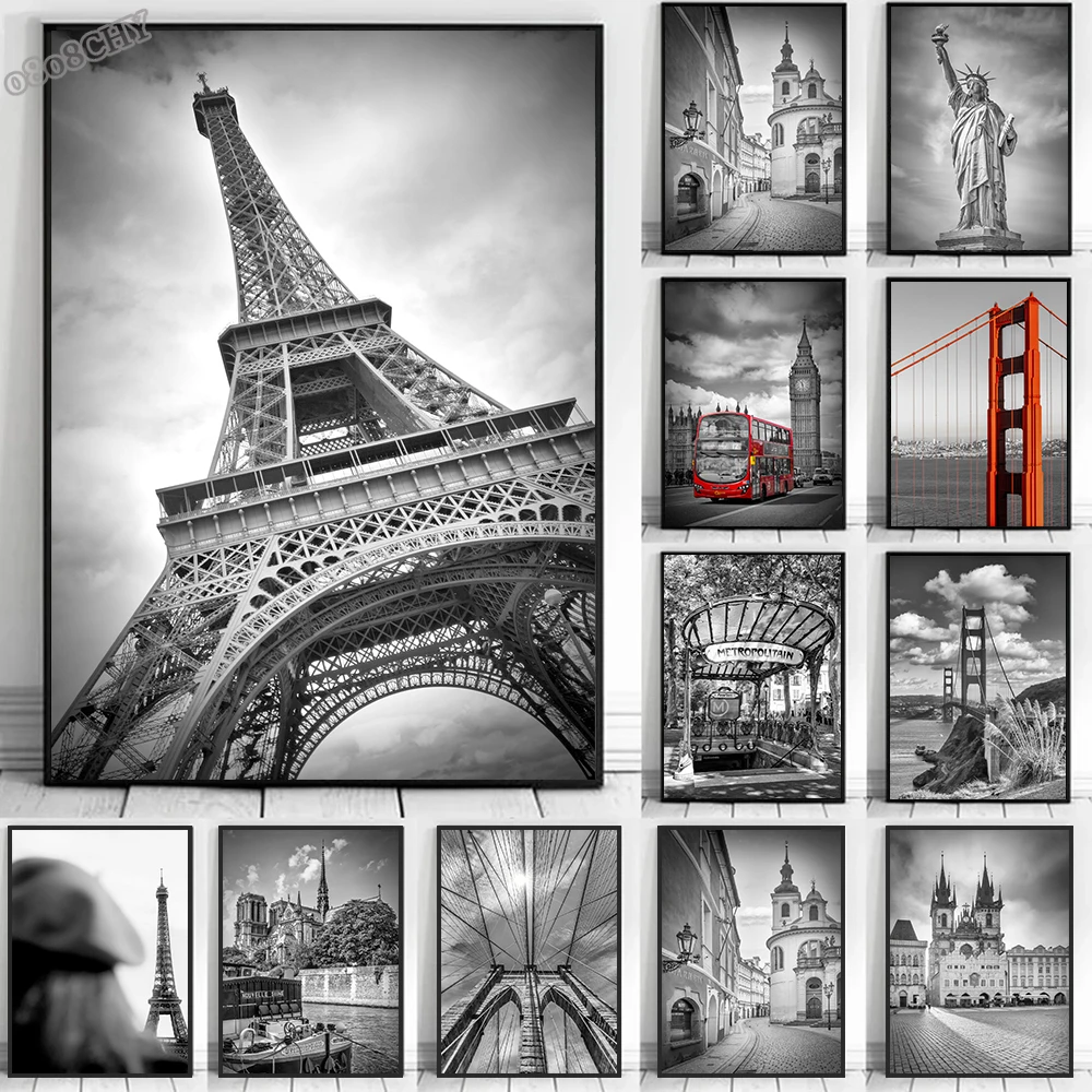1pc frameless Black White Beautiful City New York London Paris Eiffel Tower Photography Art Posters Canvas Painting Fashion Home