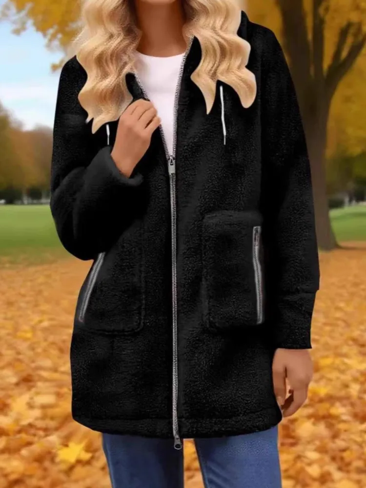 

Casual Solid Coat For Women Fashion Long Sleeve Hoodie Zipper Coats Tops Lady Autumn Winter Holiday Streetwear Women's Clothing