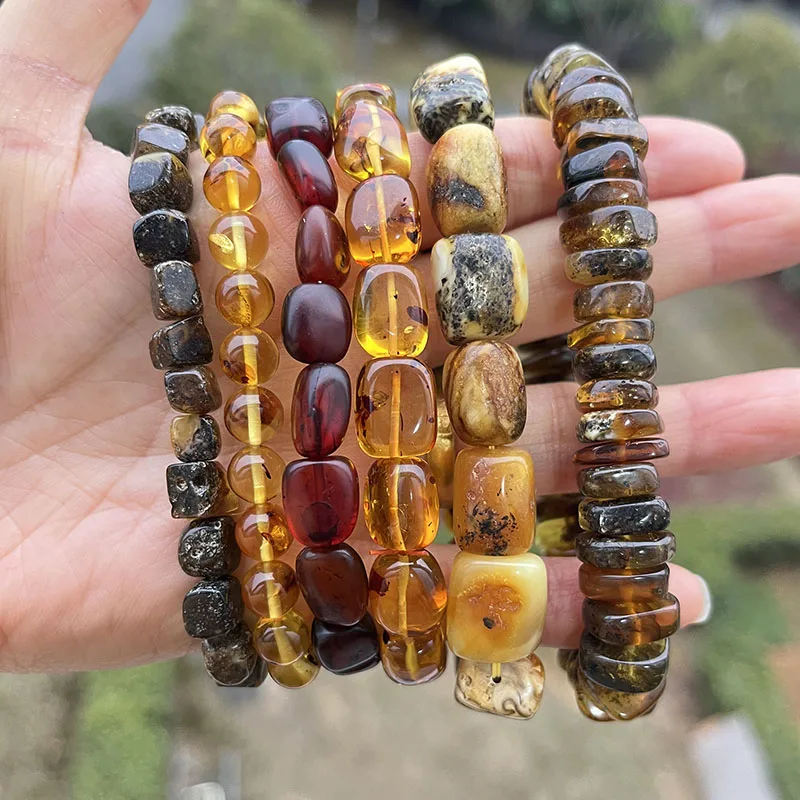 100% Real Amber Bracelet for Unisex Genuine Black Bead Oval Irregular Natural Plant Green Medical Healing Jewelry Gift Wholesale