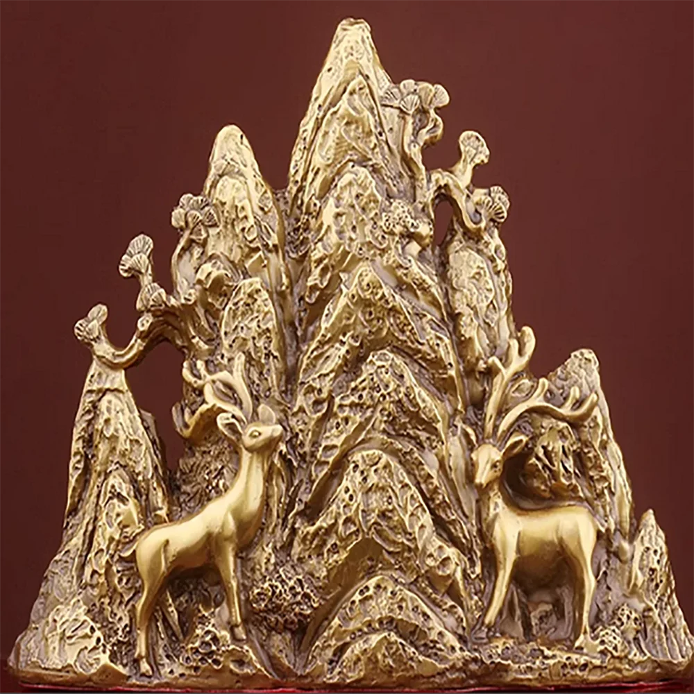 Pure Brass Double Deer Big Depends on Smooth Mountain Road to Get Rich Mount Taishan Wuzhishan Sika Deer Decoration