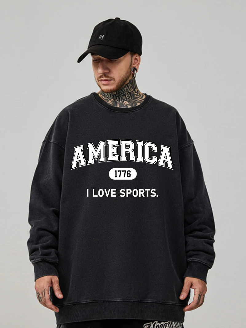 Autumn Womans Washed Hoodie America I Love Sports Letter Prints Sweatshirt Cotton Warm Oversized Pullover Couple Casual Clothes