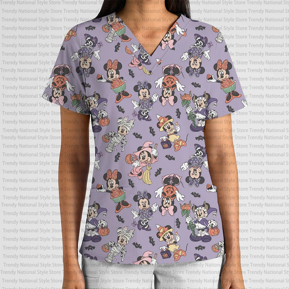 Halloween Pumpkin Head Disney Mickey Print V-Neck Pocket Short Sleeve Top Dental Pet Shop Beauty Salon Nurse Medical T-shirt