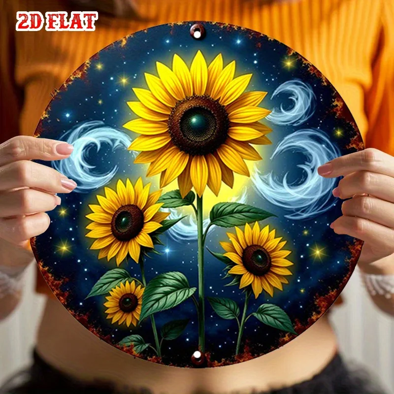 2D Flat, Adorned with Space Stars And a Sunflower Glow. This Rustic Metal Wall Art Serves As Decorative Signage for Your Home