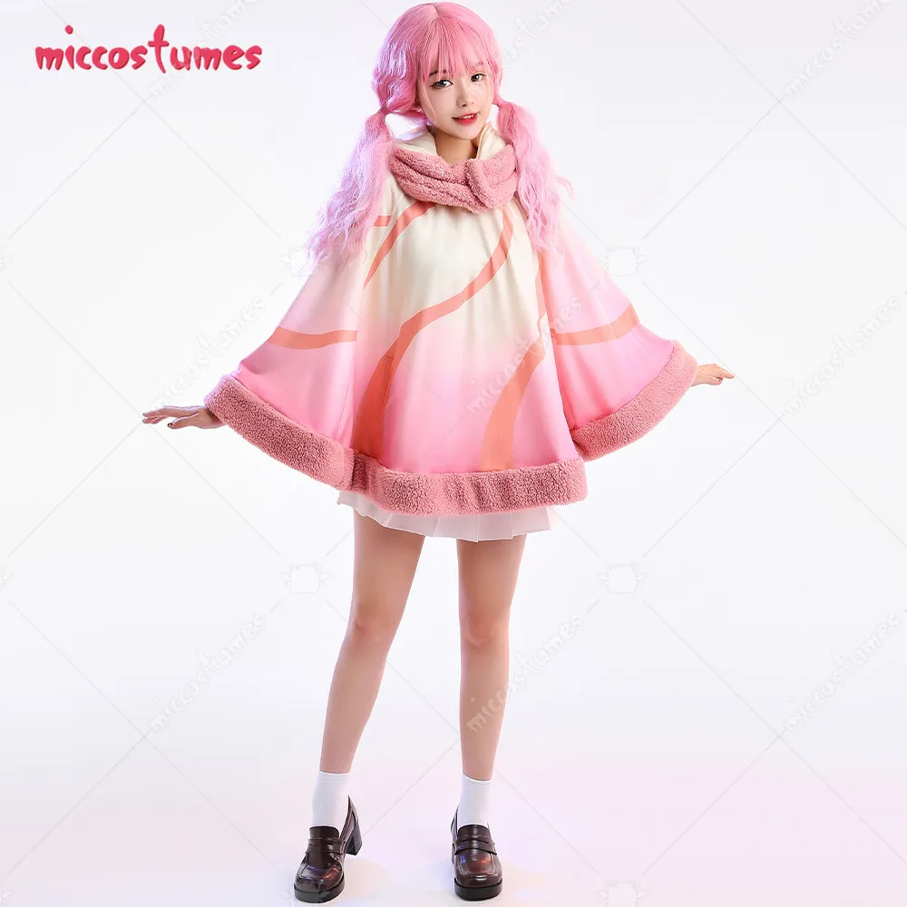 Women Kawaii Plush Cloak Pink Short Hooded Cape with Bowknot Scarf  Cosplay Costume