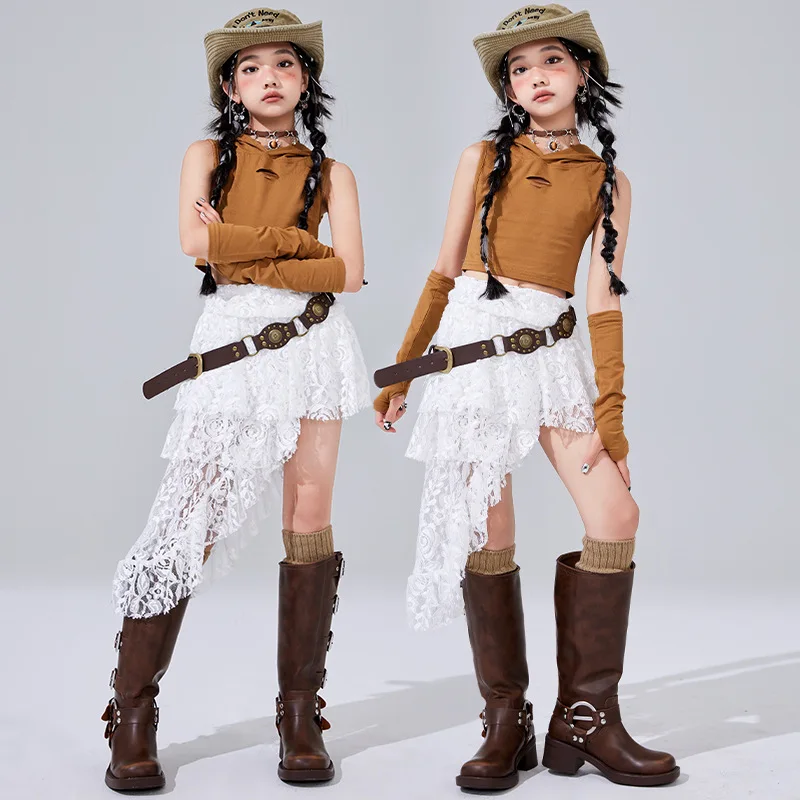 Kid Cool Hip Hop Clothing Brown Hoodie Tank Crop Top White Layered Irregular Hem Lace Skirt for Girl Jazz Dance Costumes Clothes