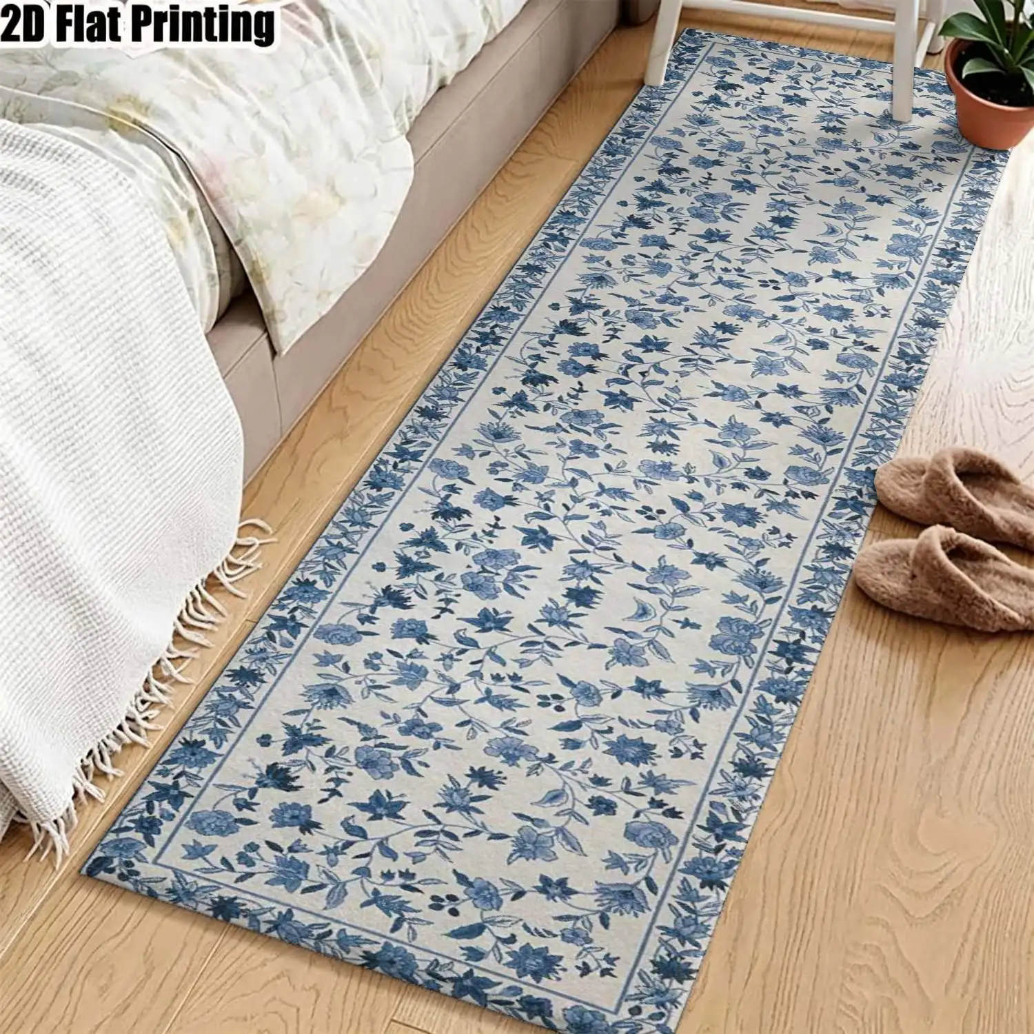 1Pc 2D Printed Blue-White Floral Long Strip Runner Carpet Nordic/Instagram/Modern Minimalist/European Style, Home Decor, Multi-Size, Machine Washable, Ideal for Corridor, Entrance, Living Room, Bedroom.