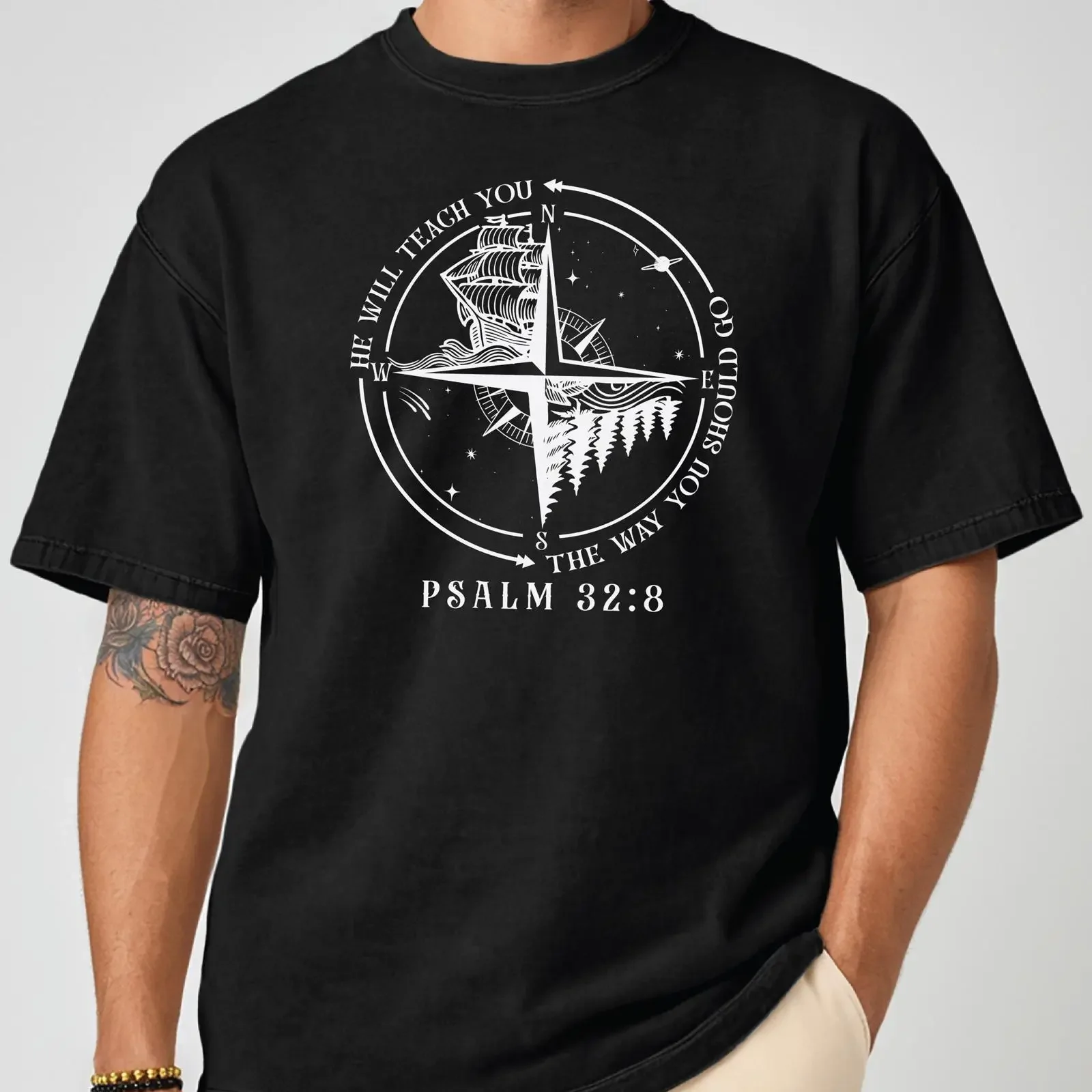 God Guides Christian T Shirt for Men Bible Verse Compass vintage Washed Stylish fashion Stretched homme Unisex streetwear
