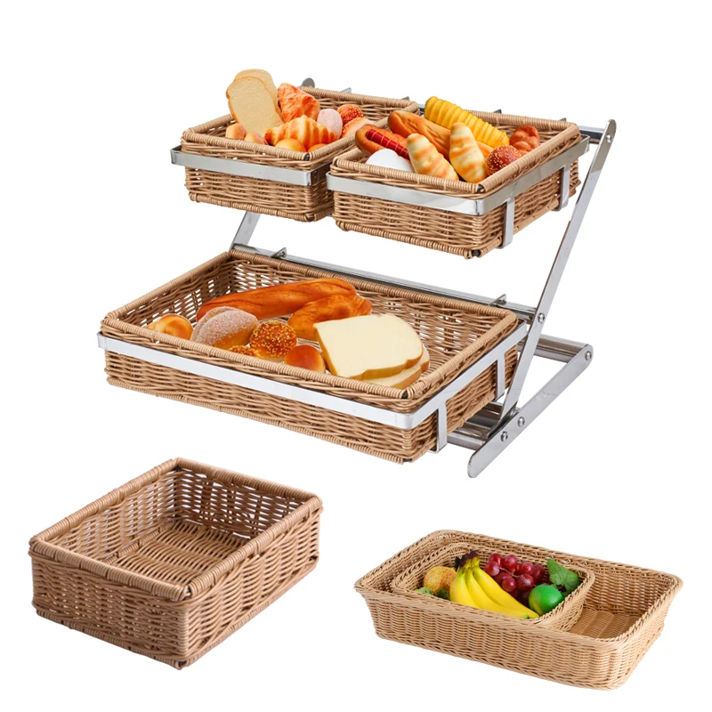 Hotel Double-Layer Rattan Bread Basket Buffet Fruit Cake Dessert Food Tray Display Stand Dessert Table Ornaments