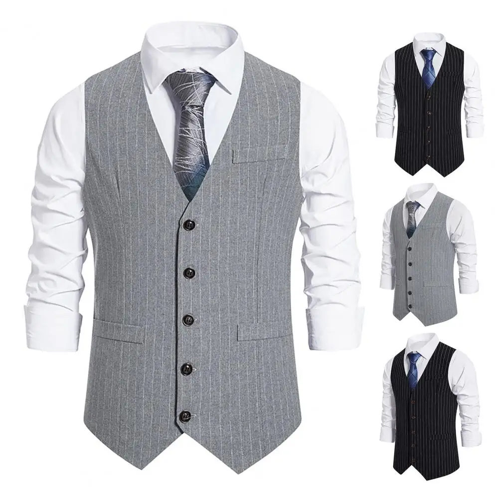 Men Suit Waistcoat Striped Print Men's Formal Suit Vest Single Breasted V-neck Waistcoat with Pockets for Business Weddings