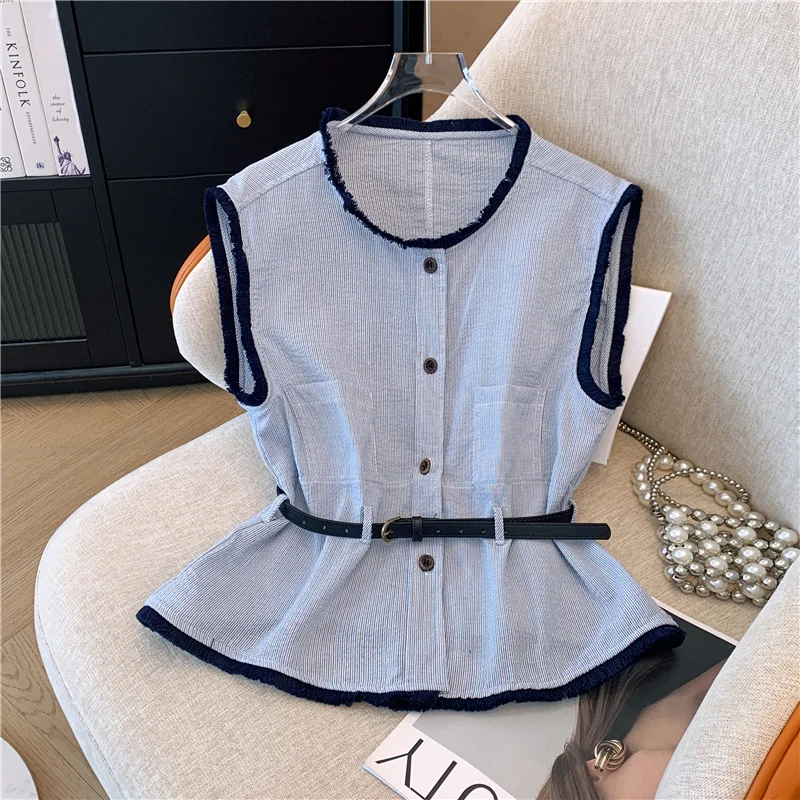 

Blue Retro Frill Blouse Fragrant Style Female Sleeveless Shirt Korean Fashion Summer Tops Woman 2025 Chic Elegant Women'S Shirt