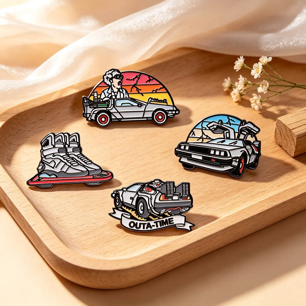4Pcs Back to The Future Movie Enamel Pins Black Border Delorean Time Car Hoverboard Lapel Brooch Set