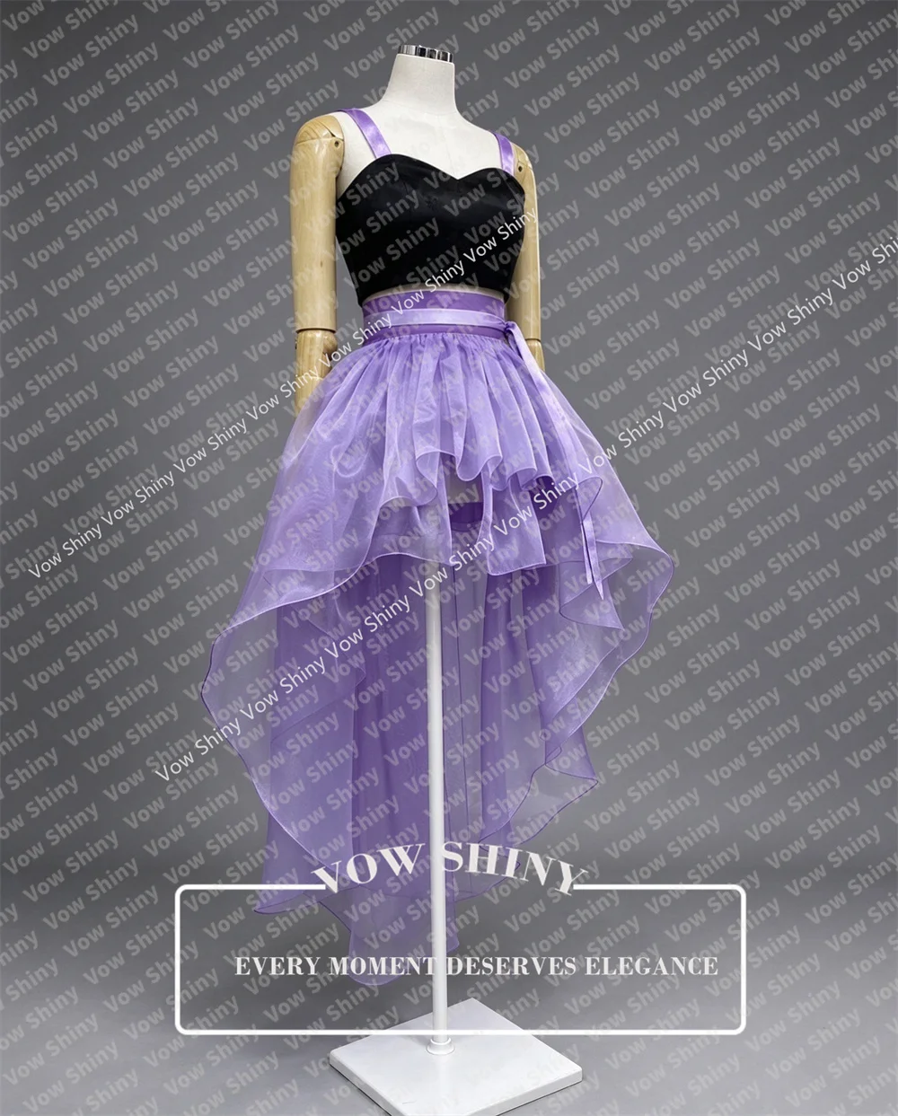 OLOEY Modern Black Purple Two Piece Dress Set Sweetheart Neck Sleeveless Satin Top Irregular High Low Organza Skirt Customized
