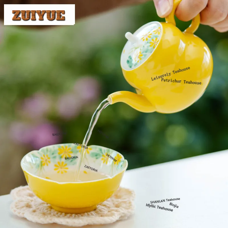 HOYIHM Egg Yolk Glaze Hand Painted Daisy Travel Tea Set Kit Antique 1 Pot 1 Cup Tea Maker Organizer Portable Camping Handbag Cha