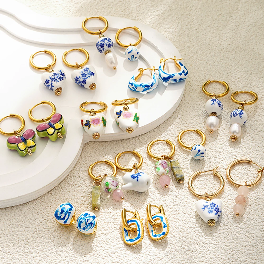 Fashion Blue and White Porcelain Heart Pendant Pearl Dangle Earrings for Women Creative Oil Drop Enamel Ear Hoops Huggie Jewelry