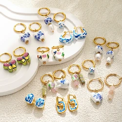 Fashion Blue and White Porcelain Heart Pendant Pearl Dangle Earrings for Women Creative Oil Drop Enamel Ear Hoops Huggie Jewelry