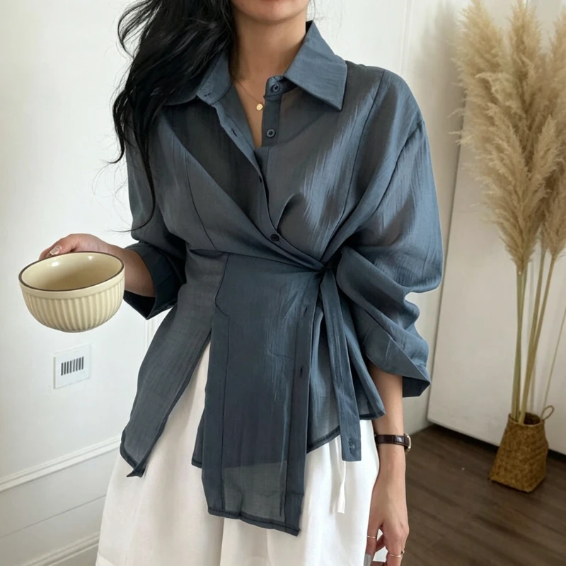 

Chic Summer Elegant Lace-up Waist Thin Tops Vintage Loose Long Sleeve Blouse Irregular Sunscreen Shirt Casual Button Shirts