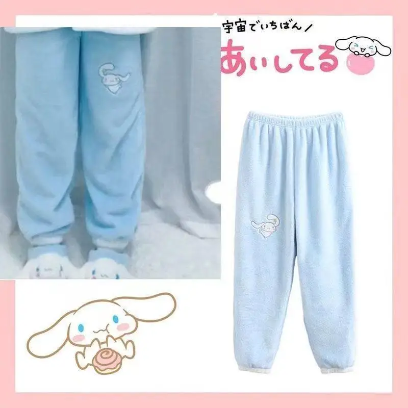 2Pcs Sanrios Cinnamoroll Pajamas Suit Women\'s Winter Thickened Coral Velvet Cute Kuromi Cartoon Warm Nightgown Soft Home Clothes