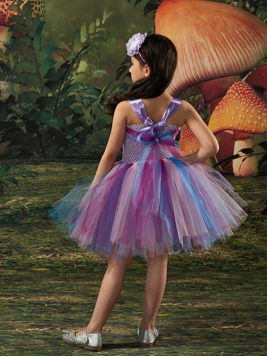 2026 New Halloween Purple Tulle Princess Dress Tutu Gown Stage Performance Attire Themed Party Wear Enchanted Forest Style