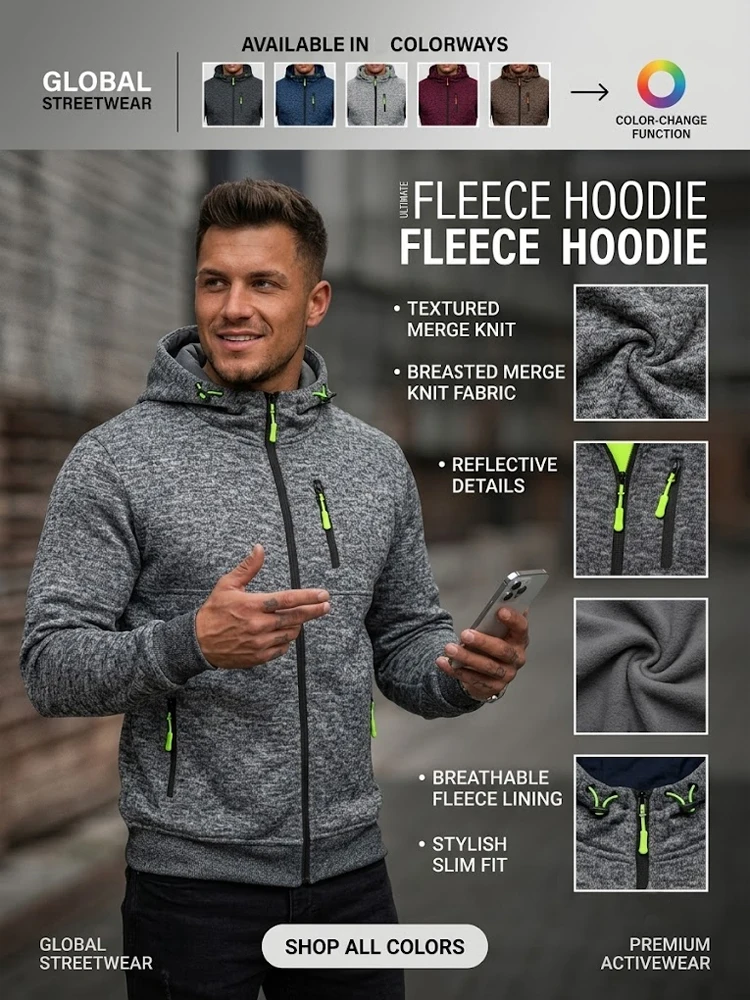Herren-Kapuzenpullover mit Reißverschluss, Farbblock-Hoodie, Langarmjacke für Herren, Herbst-Outwear, Pullover mit mehreren Taschen, Sportbekleidung – Detail 1