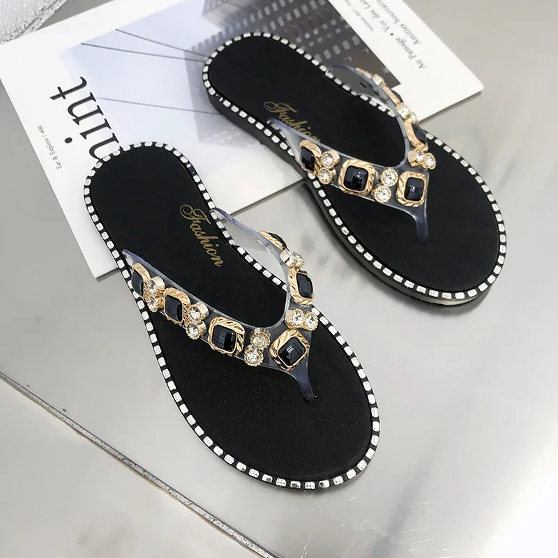 2023 Slippers Women Flip Flops 2024 Summer Slippers Sandals Wear Clip Toe Flip-flops Rhinestone Fashionable Ins Slippers