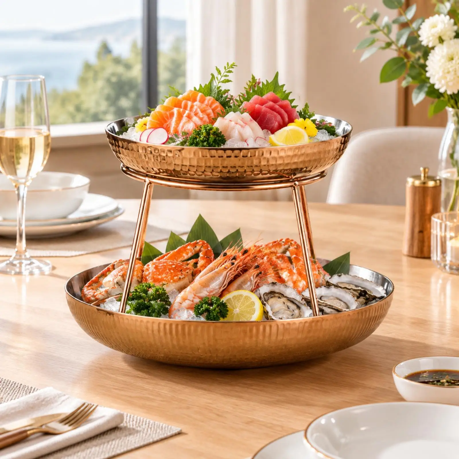 Stainless Steel Seafood Serving Tray Rack Easy to Clean Multi-Level Serving Tray Rack with Round Trays Elevated Steel Serving