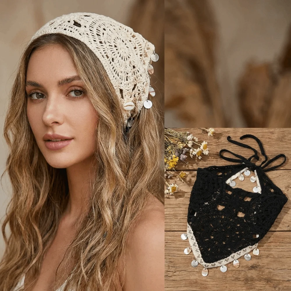 Seashell Tassel Triangle Scarf Headband Ethnic Forest Style Crochet Head Wrap Elegant Soft Hollow Out Headscarf Daily Wear view 3