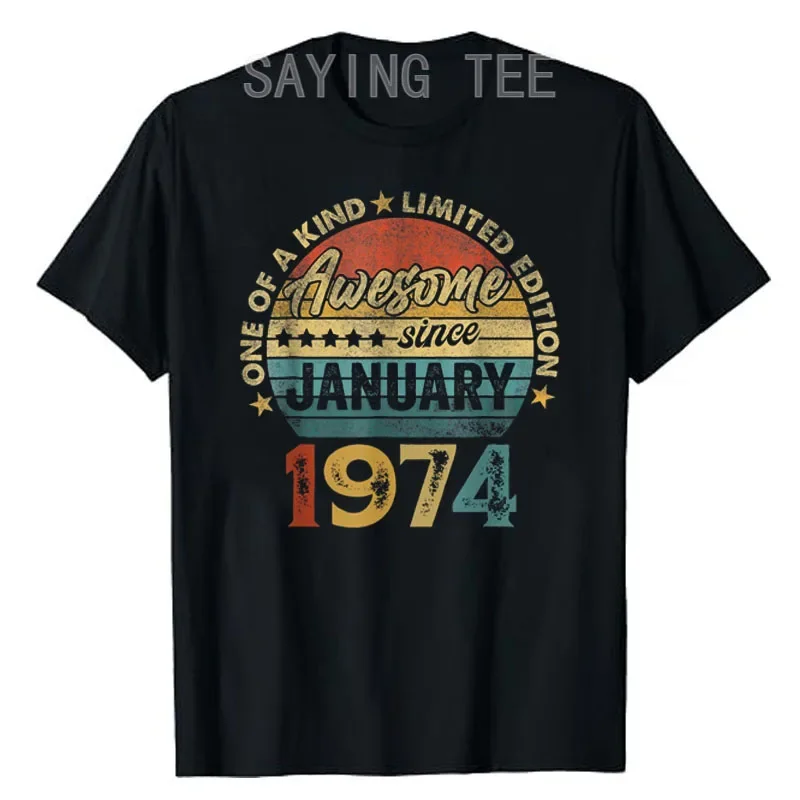 

50 Years Old January 1974 Vintage Retro 50th Birthday Gifts T-Shirt Born in 1974 Graphic Outfits Mama Daddy B-day Presents Tees