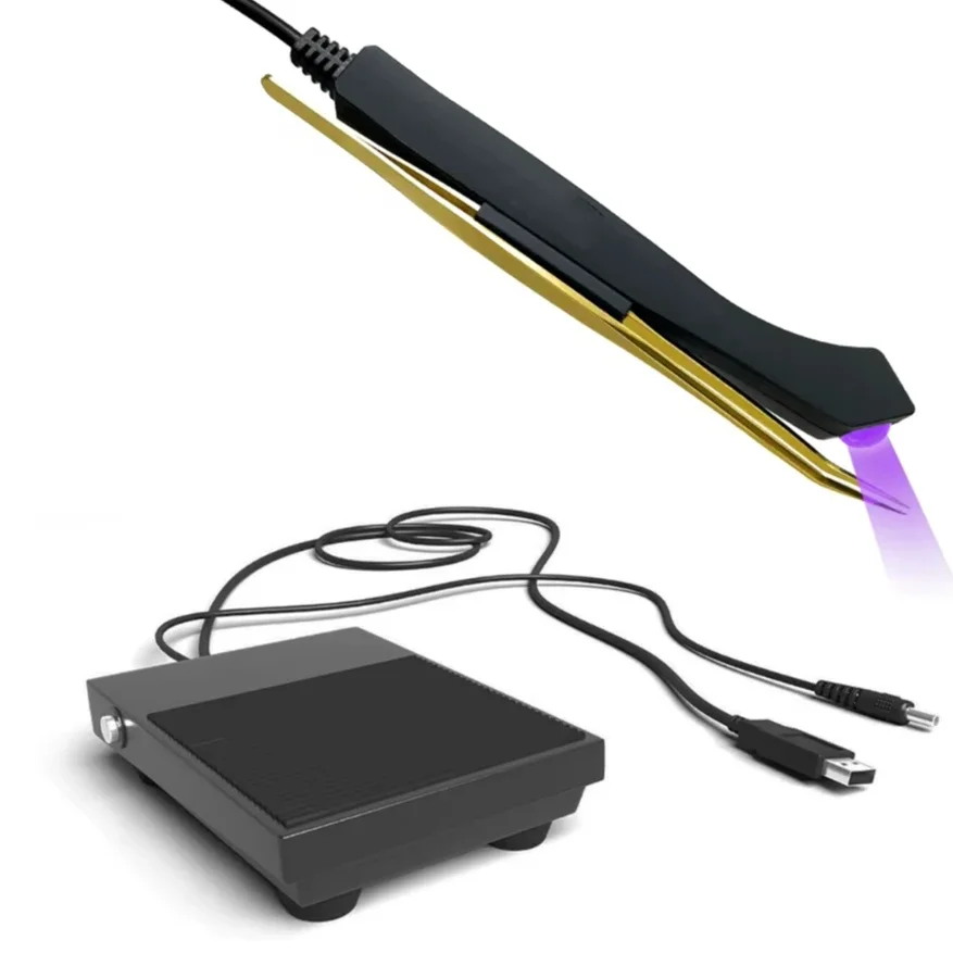 

（Big disount）High Precision with Foot Pedals 2 in 1 Eyelash UV LED Tweezers New Single Grafting Tweezers with UV Light Made of P