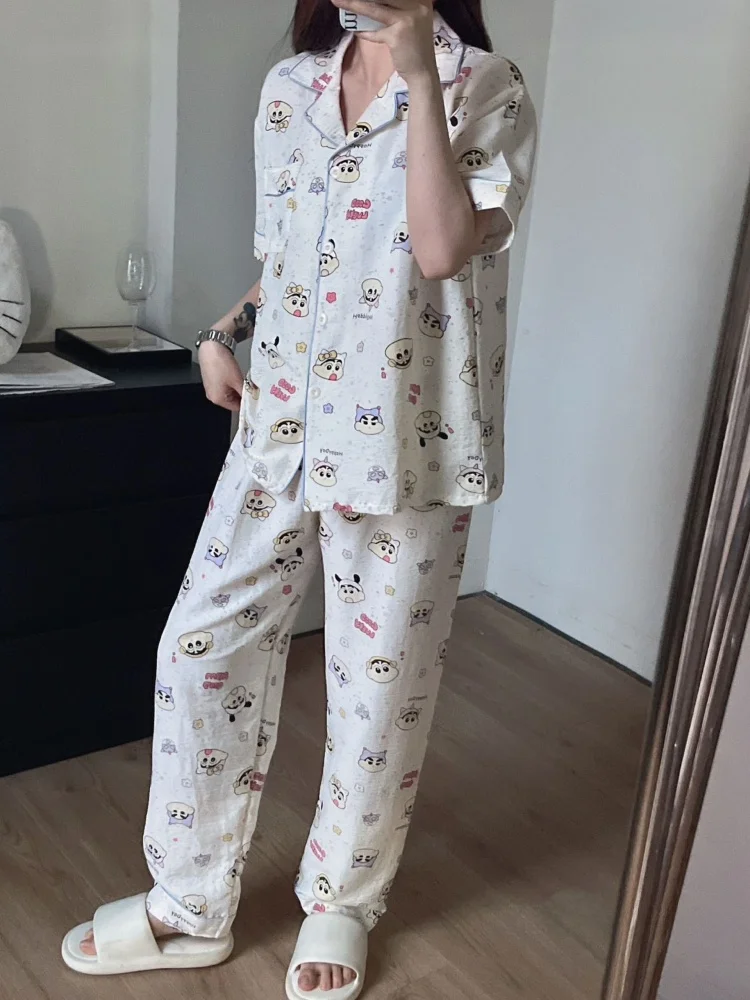 

Summer Thin Soft Cotton Nightgown Set for Women Sweet Cute Small Open Cardigan Long Pants Can Be Worn outside Home Clothes