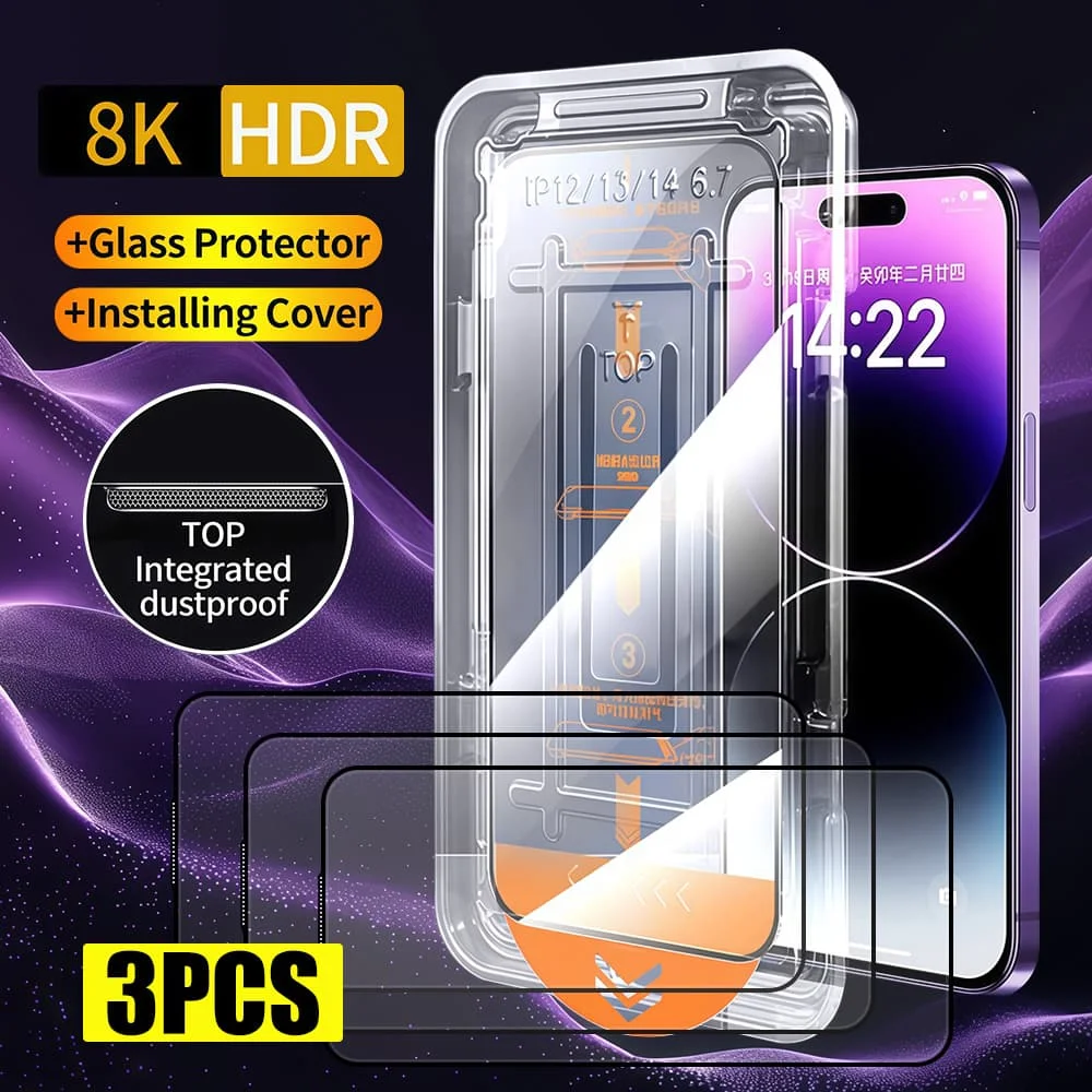

3Pcs Dust Free Easy Installation HD Glass For IPhone 16 15 14 13 12 11 Pro Max Plus Mini XS Max XR 7 8 Plus SE Screen Protector