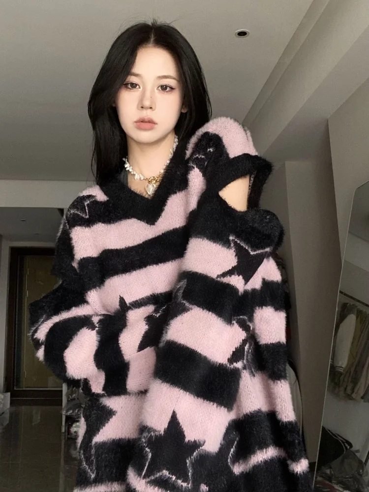 ADAgirl Harajuku Gestreifter Pullover Oversize Y2k Stil Rosa Abnehmbare Ärmel Star Print Pullover Gothic Winter Koreanische Alt Kleidung