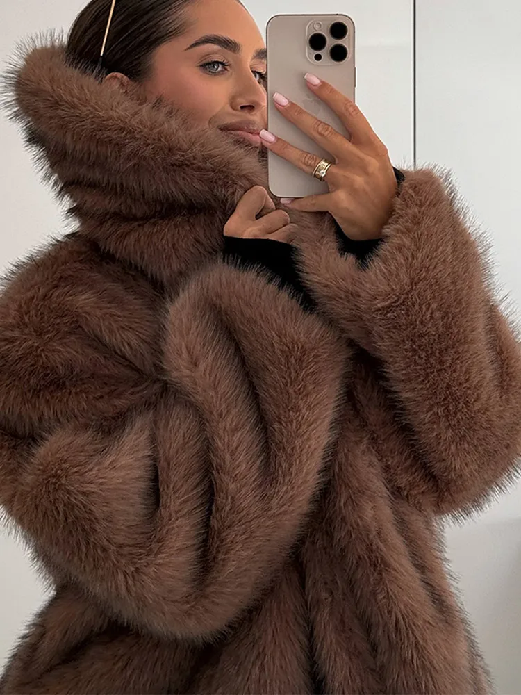 Oversized Brown Fluffy Faux Fur Coats For Women Winter Autumn Loose Lapel Cardigan Jacket 2024 New High Street Warm Outwear